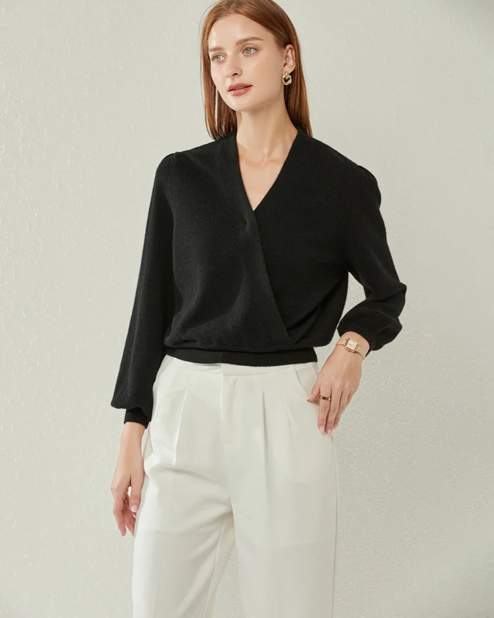 V-neck Lantern Sleeve Cashmere Sweater