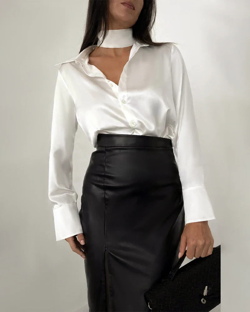 Women's Loose Tie Neck Silk Shirt