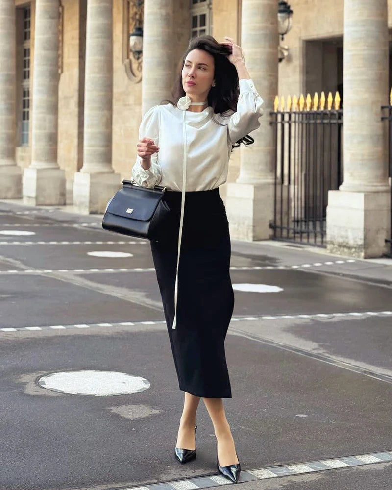 Elegant Draped Collar Silk Blouse
