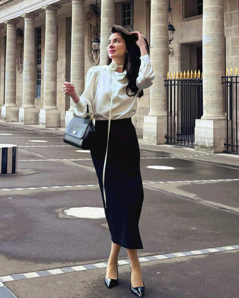 Elegant Draped Collar Silk Blouse