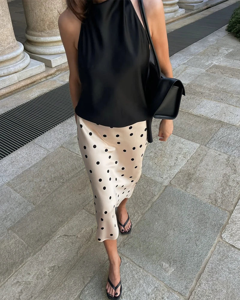 Polka Dot Silk Midi Skirt